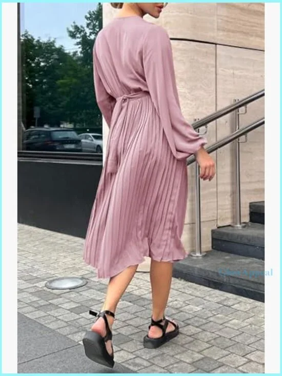 Midi Dress Long Puff Sleeve Wrap V Neck Flowy Ruffle Pleated Casual - Picture 2 of 7